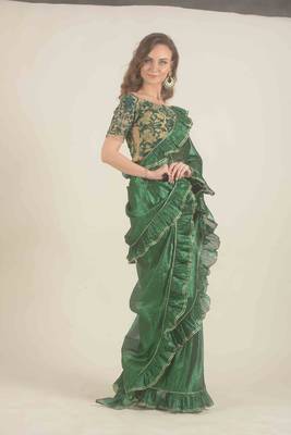  Hand woven bottle green linen saree  3