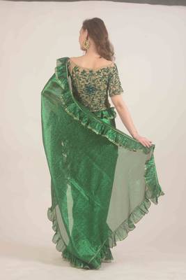  Hand woven bottle green linen saree  5