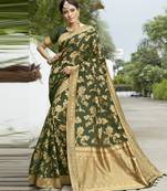 Green woven banarasi cotton saree with blouse