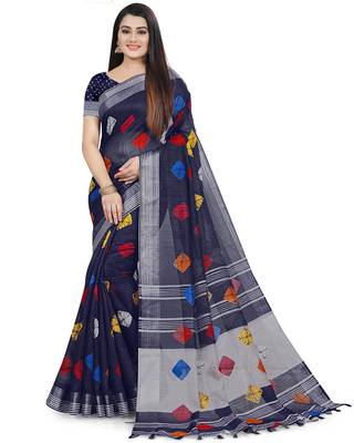 Navy blue woven linen saree with blouse 1