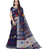 Navy blue woven linen saree with blouse