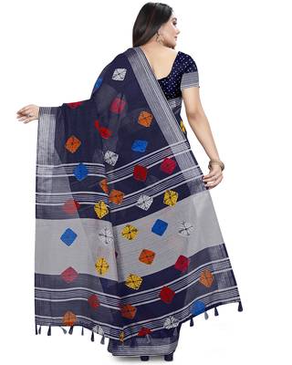 Navy blue woven linen saree with blouse 2