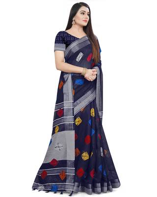 Navy blue woven linen saree with blouse 3