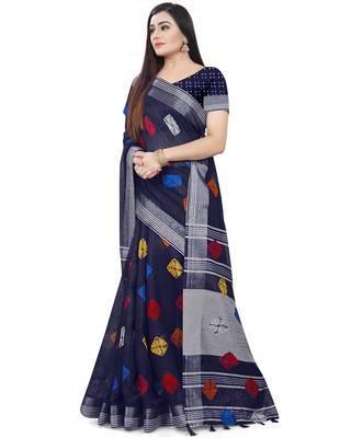 Navy blue woven linen saree with blouse 4