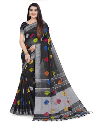 Black woven linen saree with blouse 1