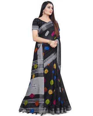 Black woven linen saree with blouse 3