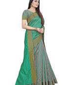 Teal woven cotton silk saree with blouse
