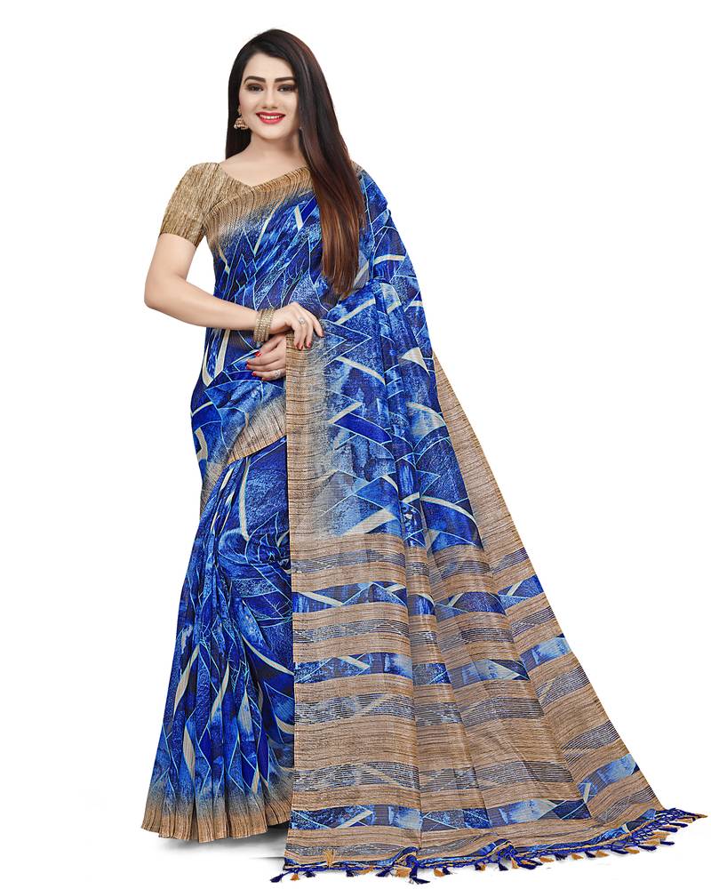 Blue Printed Cotton Saree main image 1