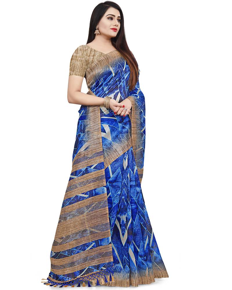 Blue Printed Cotton Silk Saree