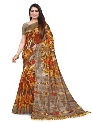 Yellow printed cotton silk saree with blouse 1