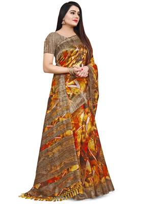 Yellow printed cotton silk saree with blouse 3