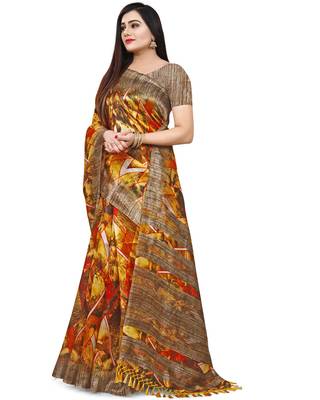 Yellow printed cotton silk saree with blouse 4