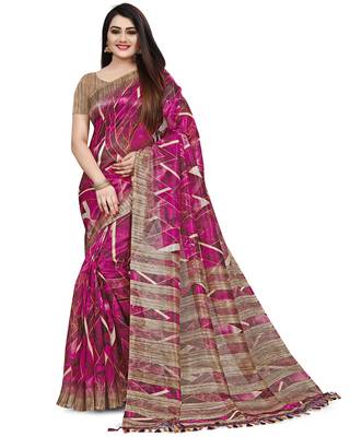 Purple printed cotton silk saree with blouse 1
