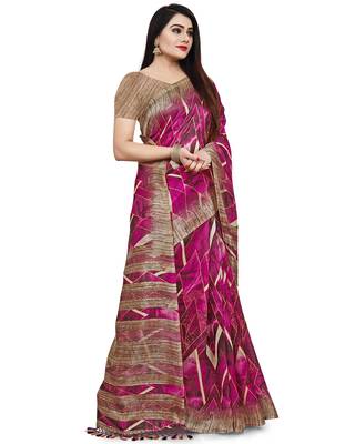 Purple printed cotton silk saree with blouse 3