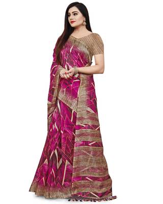 Purple printed cotton silk saree with blouse 4