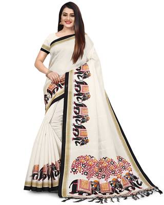 Beige printed art silk saree with blouse 1