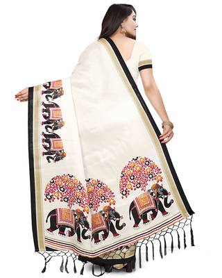 Beige printed art silk saree with blouse 2
