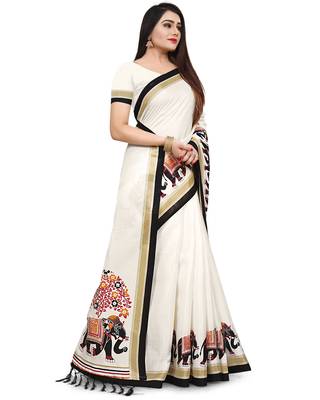 Beige printed art silk saree with blouse 3