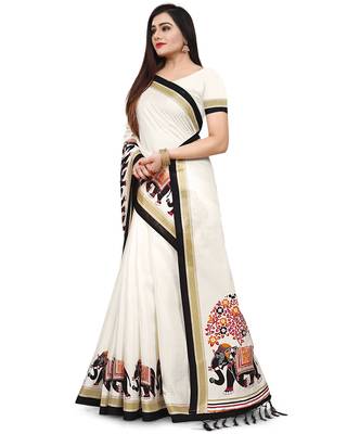 Beige printed art silk saree with blouse 4