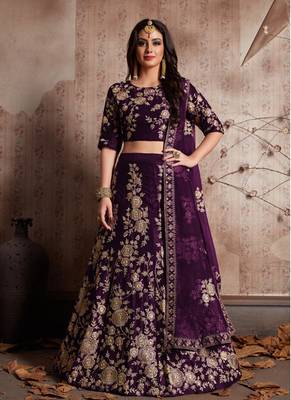 Purple embroidered velvet semi stitched lehenga 1