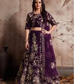 Purple embroidered velvet semi stitched lehenga
