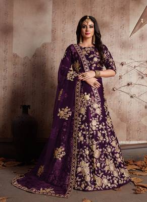 Purple embroidered velvet semi stitched lehenga 2