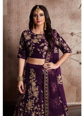 Purple embroidered velvet semi stitched lehenga 3