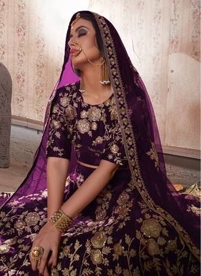 Purple embroidered velvet semi stitched lehenga 4