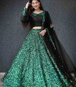 Green plain velvet semi stitched lehenga