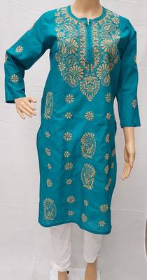 Teal-blue embroidered cotton kurtis 1
