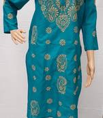 Teal-blue embroidered cotton kurtis