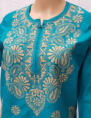 Teal-blue embroidered cotton kurtis 2
