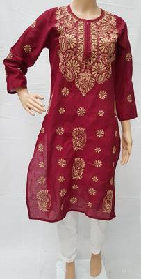 Maroon embroidered cotton kurtis 1