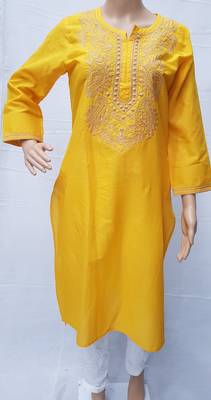 Yellow embroidered cotton kurtis 1