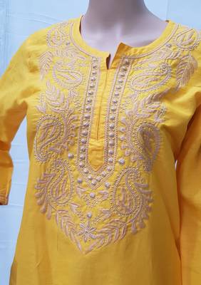 Yellow embroidered cotton kurtis 2