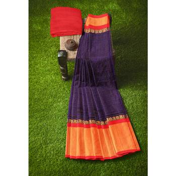 Royal blue hand woven andhra pradesh handloom saree with blouse 4