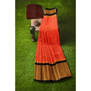 Light orange hand woven andhra pradesh handloom saree with blouse 4