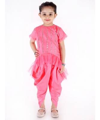 PINK DAZZLE NET FRILL Hi-LOW KURTI WITH DHOTI PANTS 1