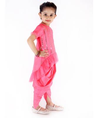 PINK DAZZLE NET FRILL Hi-LOW KURTI WITH DHOTI PANTS 2