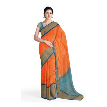 Light orange hand woven andhra pradesh handloom saree with blouse 1