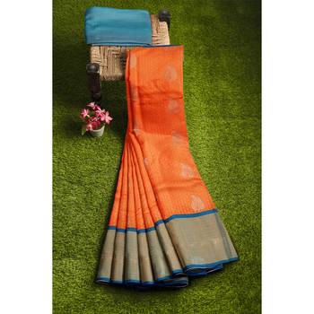 Light orange hand woven andhra pradesh handloom saree with blouse 4
