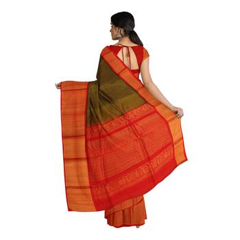 Olive hand woven andhra pradesh handloom saree with blouse 3