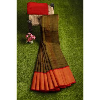 Olive hand woven andhra pradesh handloom saree with blouse 4