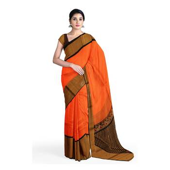Orange hand woven andhra pradesh handloom saree with blouse 1