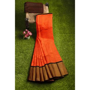 Orange hand woven andhra pradesh handloom saree with blouse 4