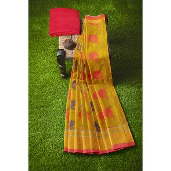 Yellow hand woven andhra pradesh handloom saree with blouse 4