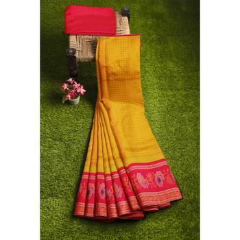 Yellow hand woven andhra pradesh handloom saree with blouse 4