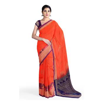 Orange hand woven andhra pradesh handloom saree with blouse 1