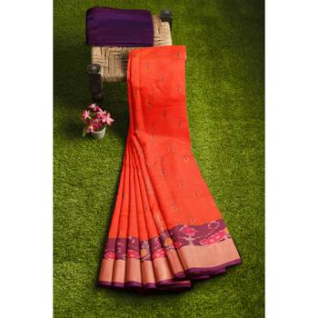 Orange hand woven andhra pradesh handloom saree with blouse 4