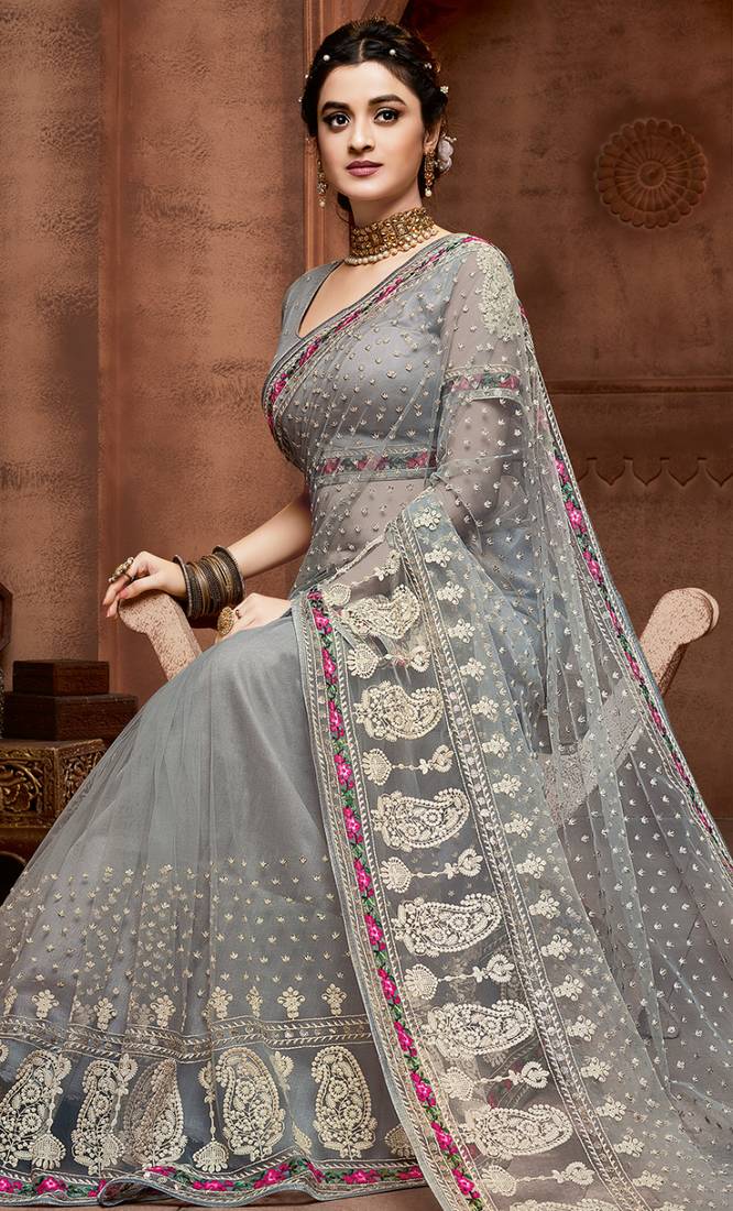 Women's Net Grey Embellished Designer Saree With Blouse Piece
